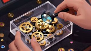 Detailansicht goldener Zahnräder in einem Spielautomaten für einen Blick hinter die Kulissen