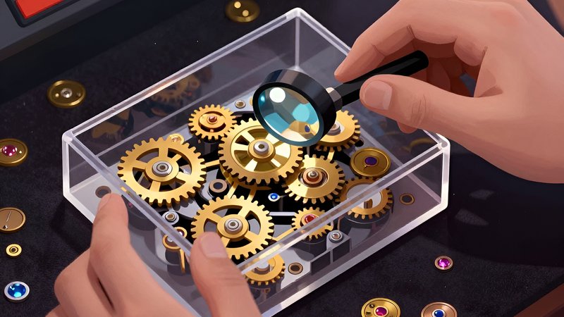 Detailansicht goldener Zahnräder in einem Spielautomaten für einen Blick hinter die Kulissen