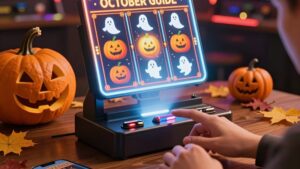 Holografischer Slot-Automat mit Herbstblättern und Kürbis als Oktober-Guide für die spannendsten Themen-Slots