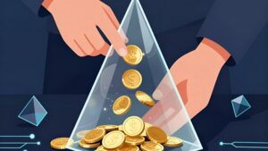 Person teilt eine goldene Münze zur Berechnung des Umsatzes in kleine Token auf