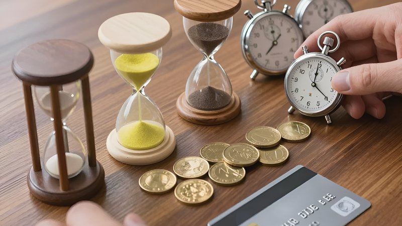 Sanduhren und Stoppuhren neben Münzen für einen detaillierten Zahlungsmethoden Vergleich Zeitrahmen für Ein- und Auszahlungen