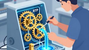 Techniker justiert goldene Zahnräder und blaue Flüssigkeiten zur Erklärung der Spielautomaten-Mechaniken